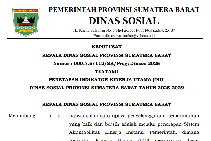 PENETAPAN INDIKATOR KINERJA UTAMA (IKU) DINAS SOSIAL PROVINSI SUMATERA BARAT TAHUN 2025-2029